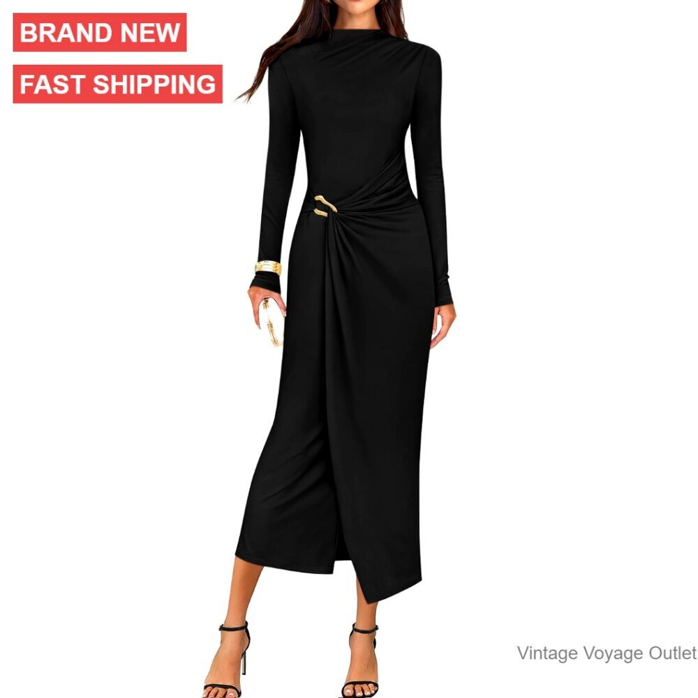 Long Sleeve Mock Neck Bodycon Midi Dress, Ruched Cocktail Wedding Guest